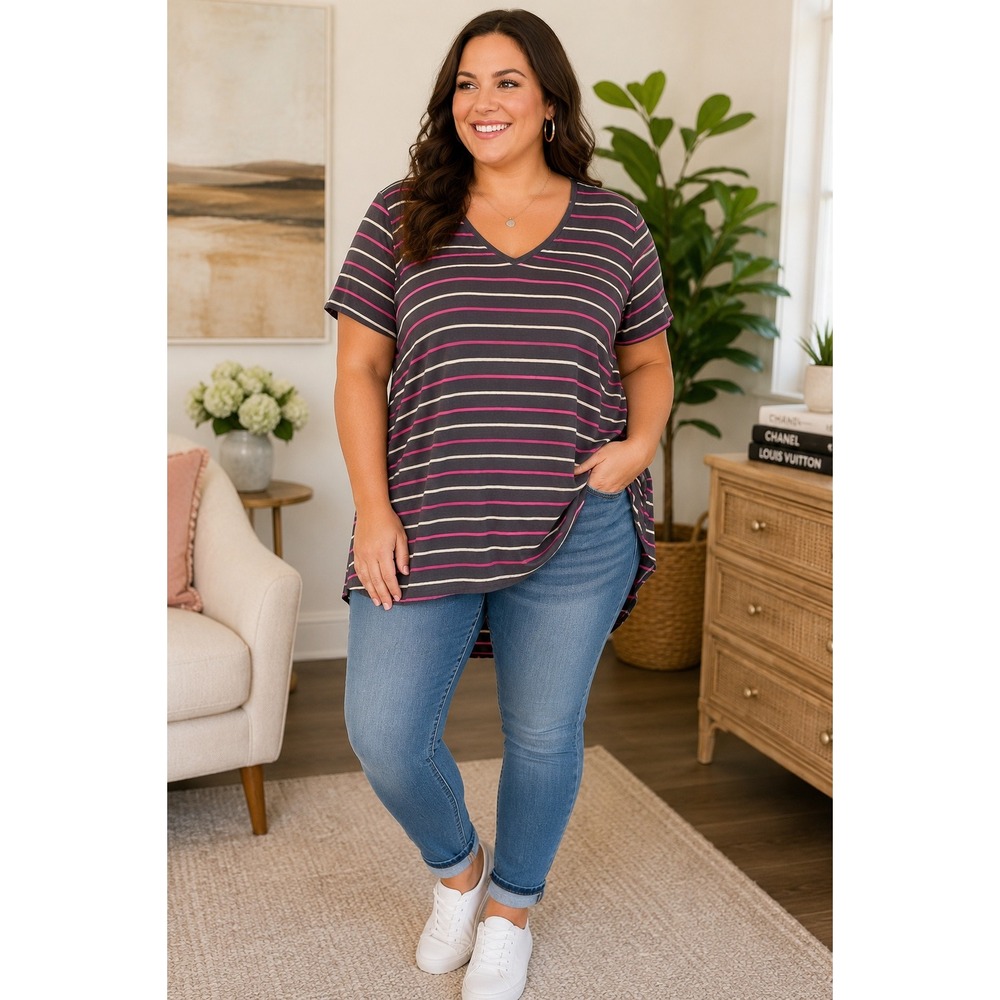 Torrid Super Soft Striped V-Neck Tunic Tee Gray Pink‎ Plus Size 3X